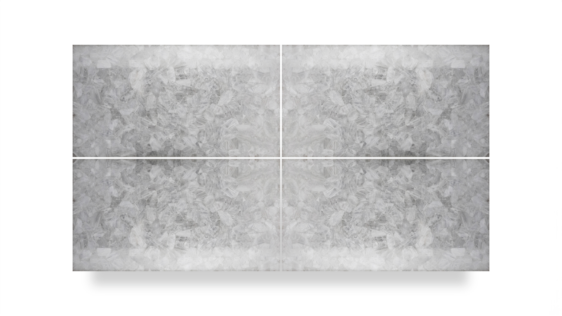 This image features a semi-precious white quartz slab in a quad layout, showcasing a crystalline pattern with a reflective, translucent appearance.