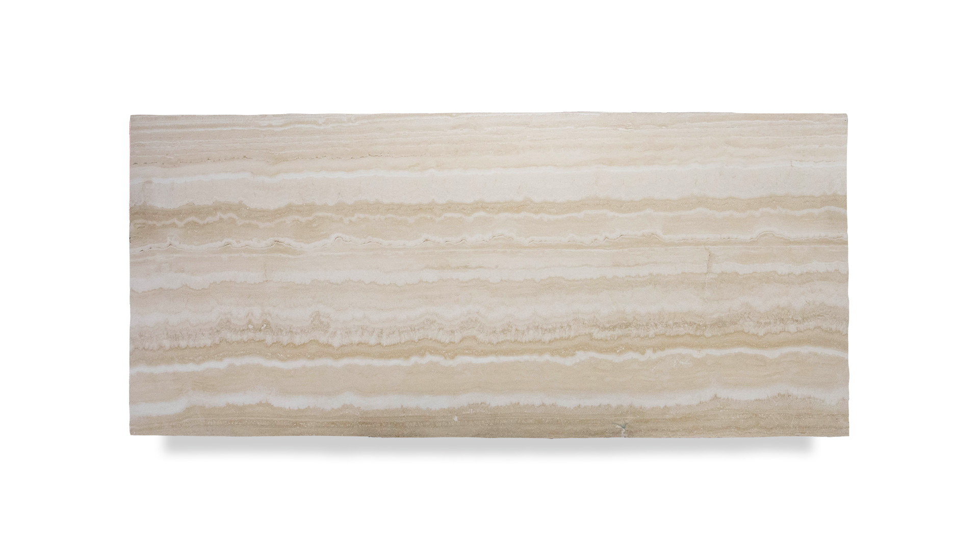 A single slab of extra polished travertine with light beige and cream horizontal layers, creating a smooth and elegant striped pattern.