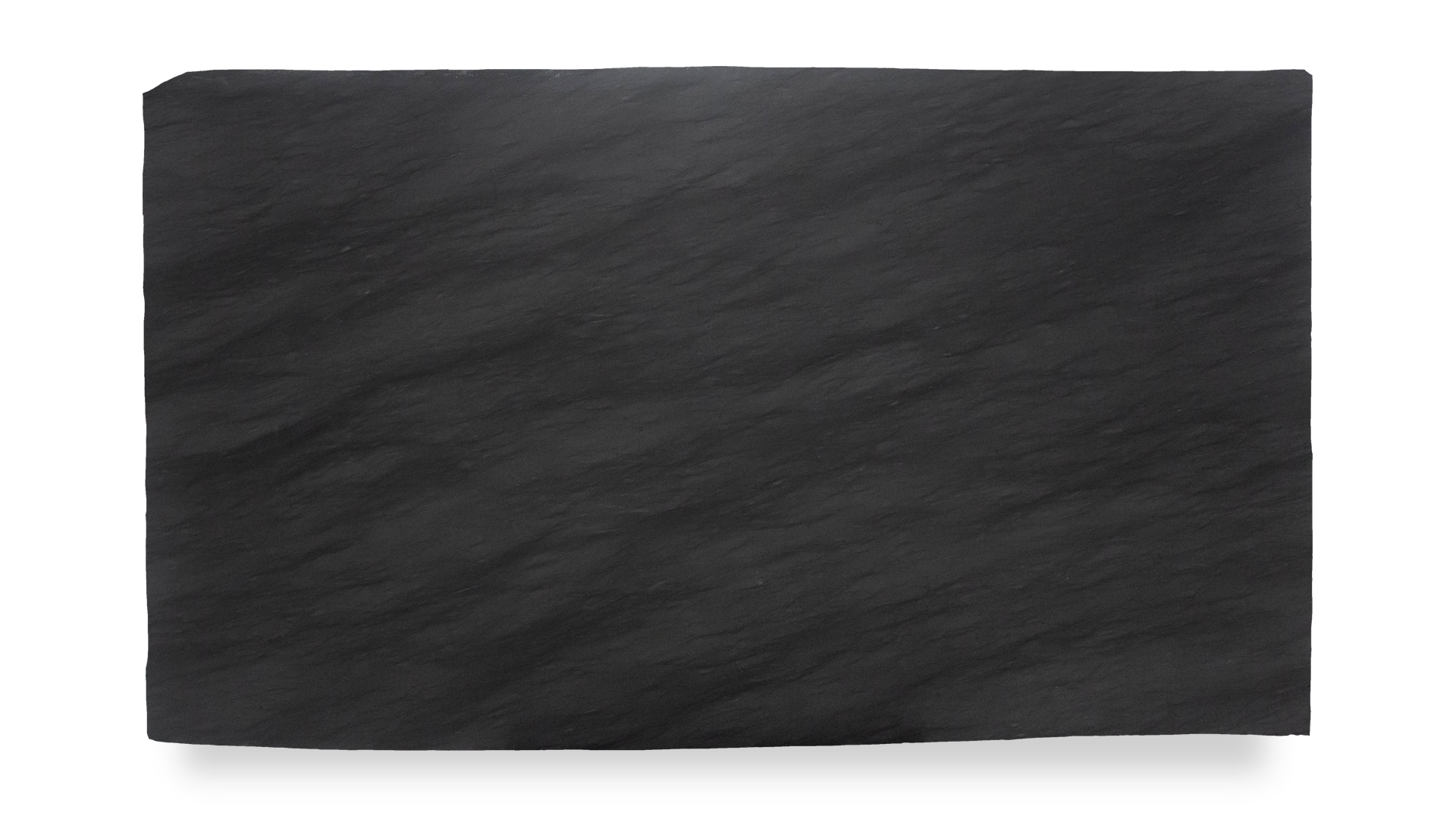 A single slab of Black Vermont Brushed stone, showcasing a uniform, matte black surface with a natural, subtly textured linear grain.