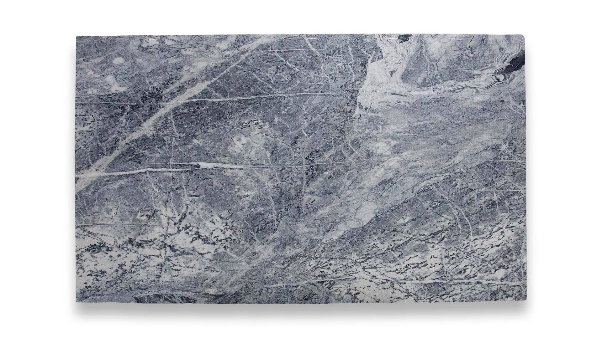 This image shows a slab of Blue Marble with a dual finish of polished and honed surfaces, featuring intricate blue and white veining throughout.