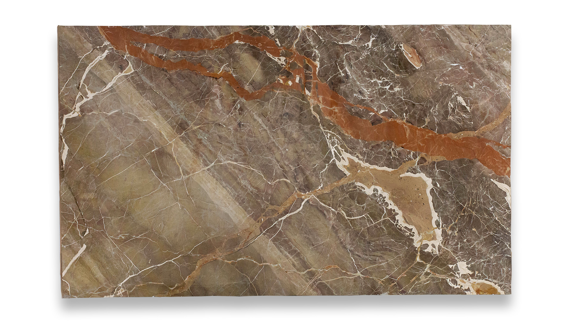 This image shows a slab of Breccia Extra Polished Marble, featuring a mix of earthy brown tones with striking red and white veins, polished to a smooth finish.