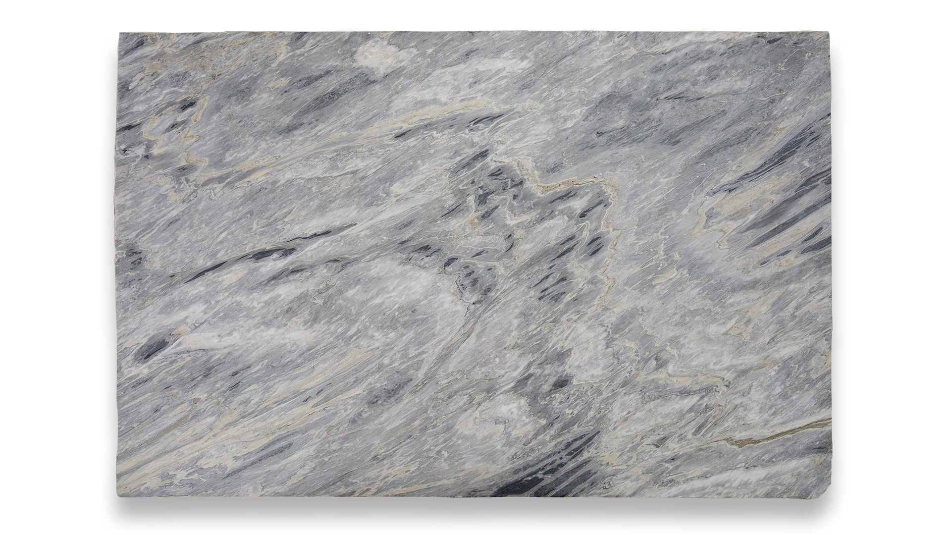 This image shows a slab of Calacatta Bluette Honed Marble with a blue-gray background and light gray veining, creating a flowing pattern.