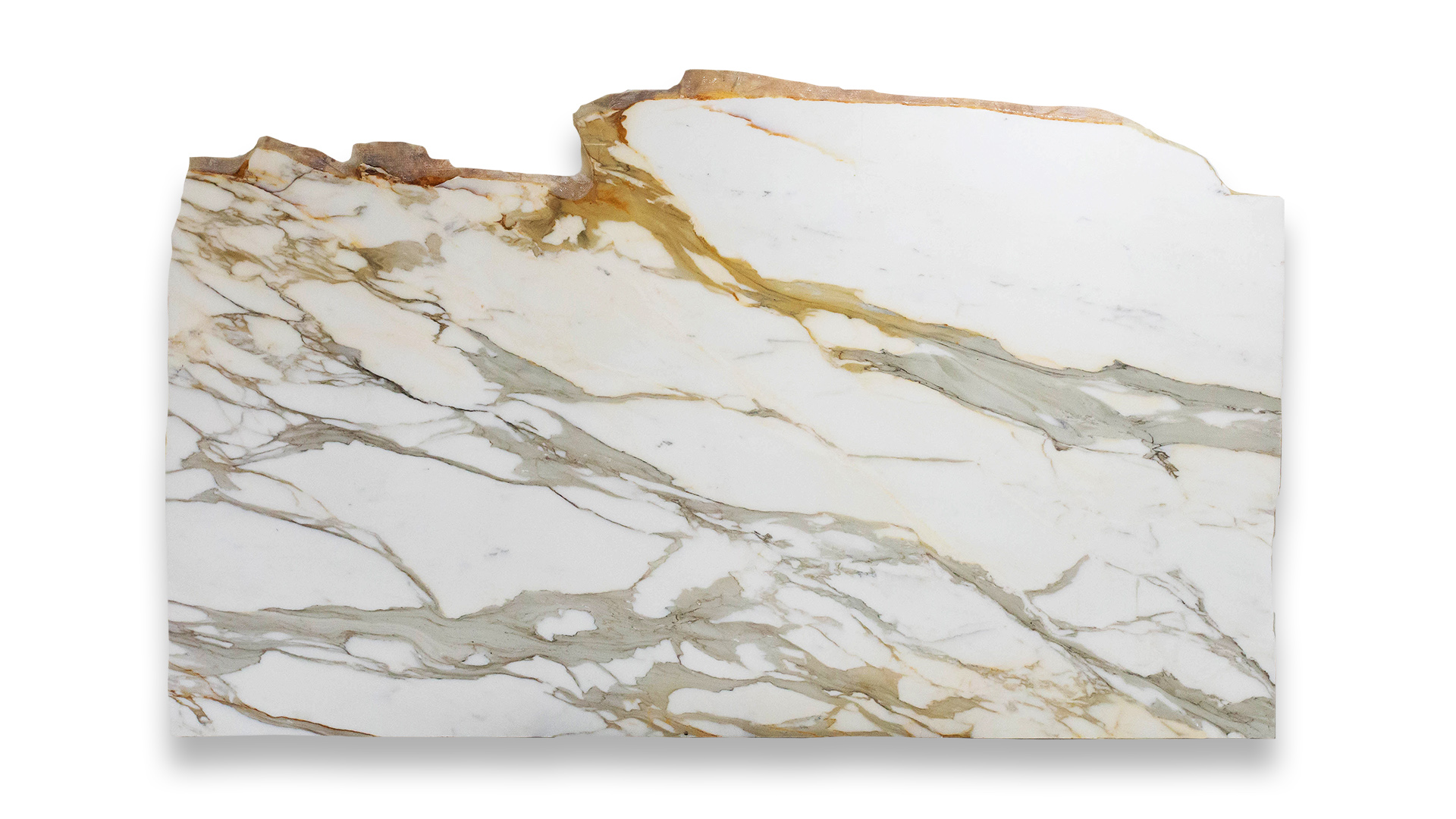 This image shows a slab of Calacatta Borghini marble with a white background, dramatic gold and gray veining, and a natural edge on the top.