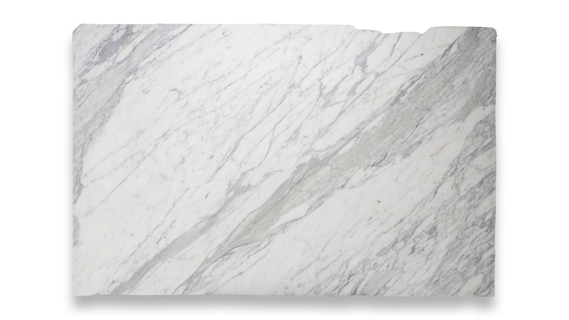 This image shows a slab of Calacatta Carrara marble with a white background and elegant gray veining that flows diagonally across the surface.