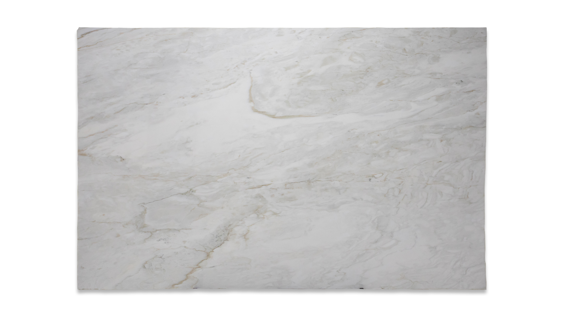 A single slab of Calacatta Cremo polished marble with a white background, displaying subtle gray and beige veining throughout.