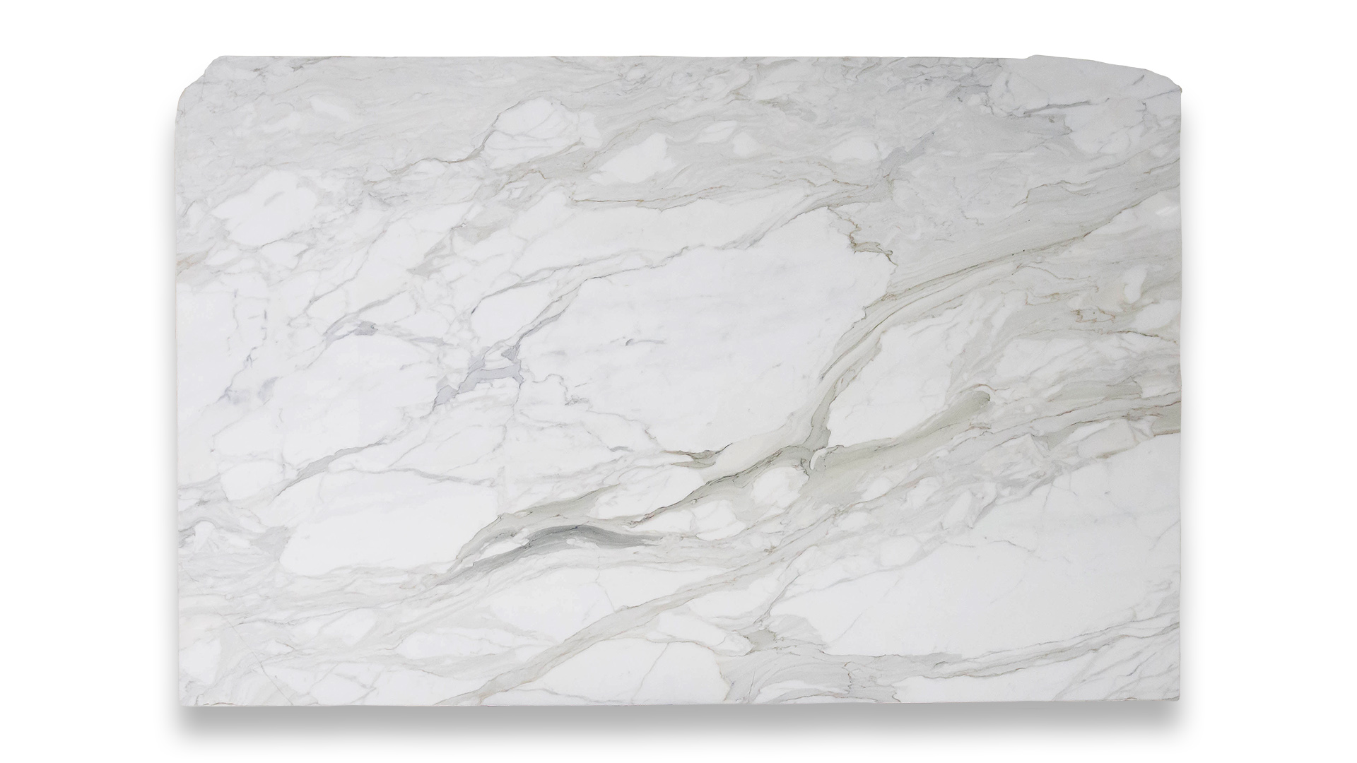 This image shows a slab of Calacatta Gold Polished marble with a white background and dramatic gray and gold veining throughout the surface.