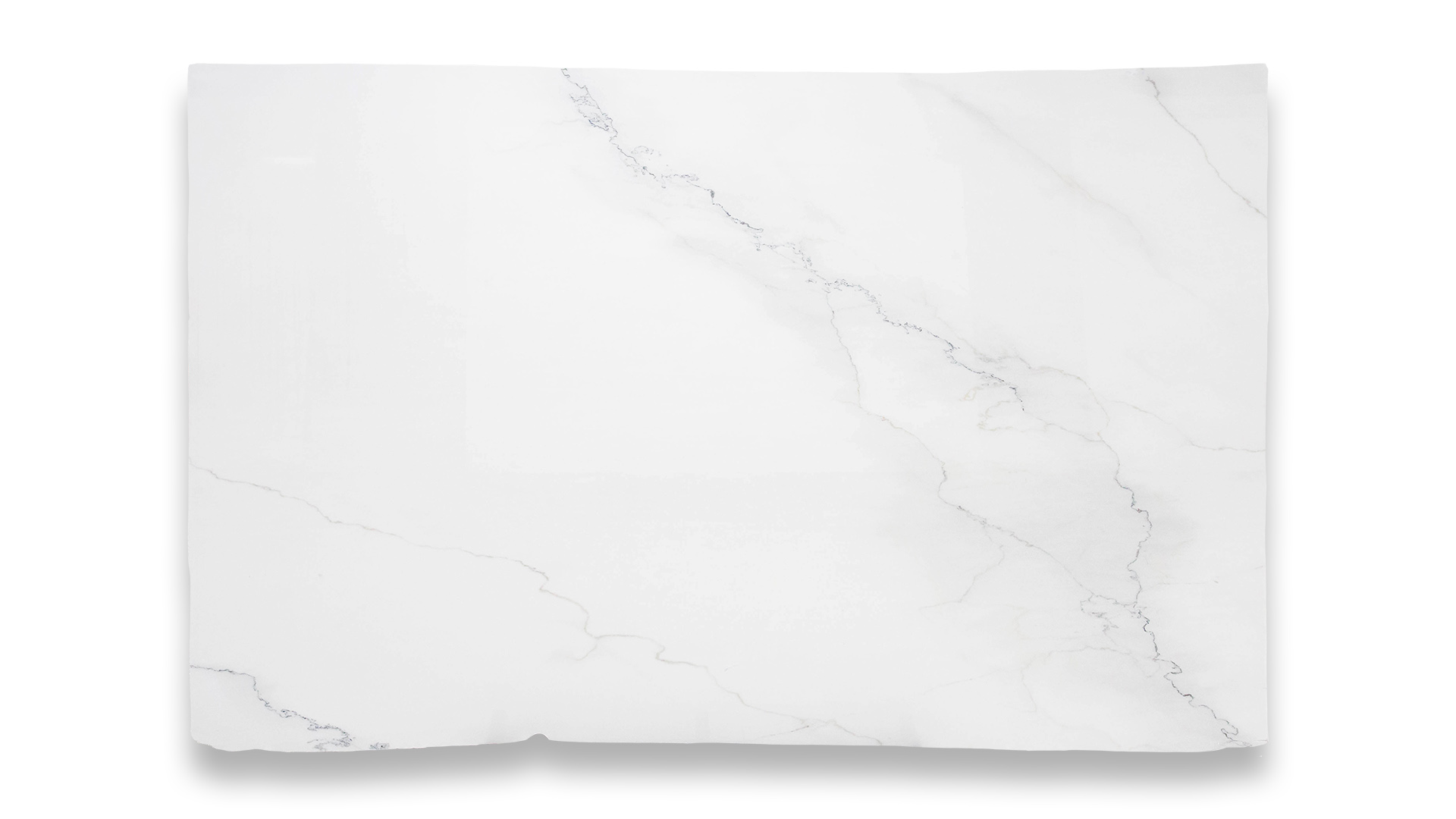 This image shows a slab of Calacatta Lincoln Polished marble with a mostly white background and subtle gray veining running diagonally across it.