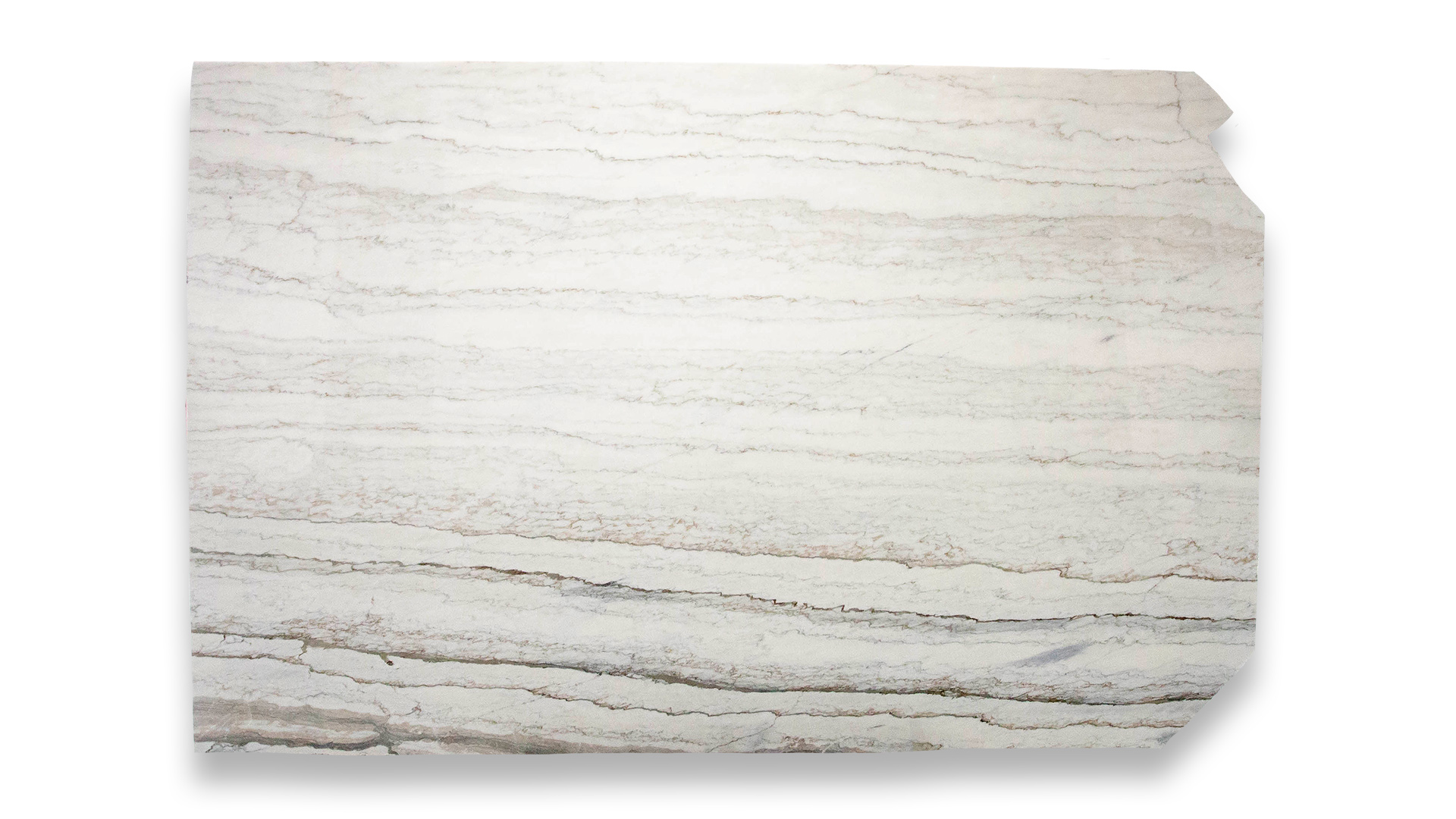 This image shows a slab of Calacatta PT Polished marble with a predominantly white background, featuring horizontal linear veins in soft beige tones.