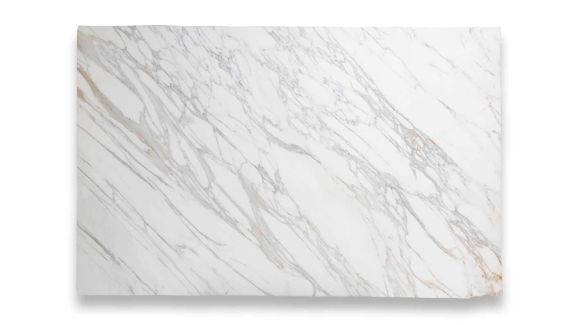 This image shows a slab of Calacatta Polished marble with a white background and elegant, thin veining in light gray and soft gold tones.