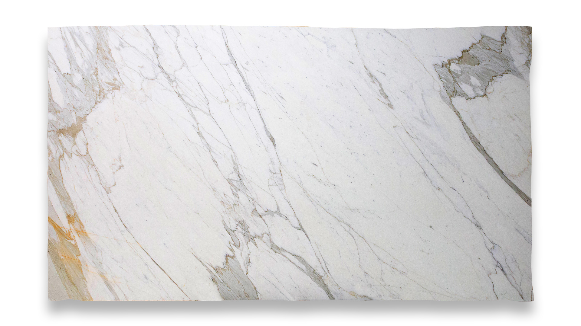 This image shows a slab of Calacatta Supreme Polished marble with a white background and elegant grey veining, accented by subtle golden hues.