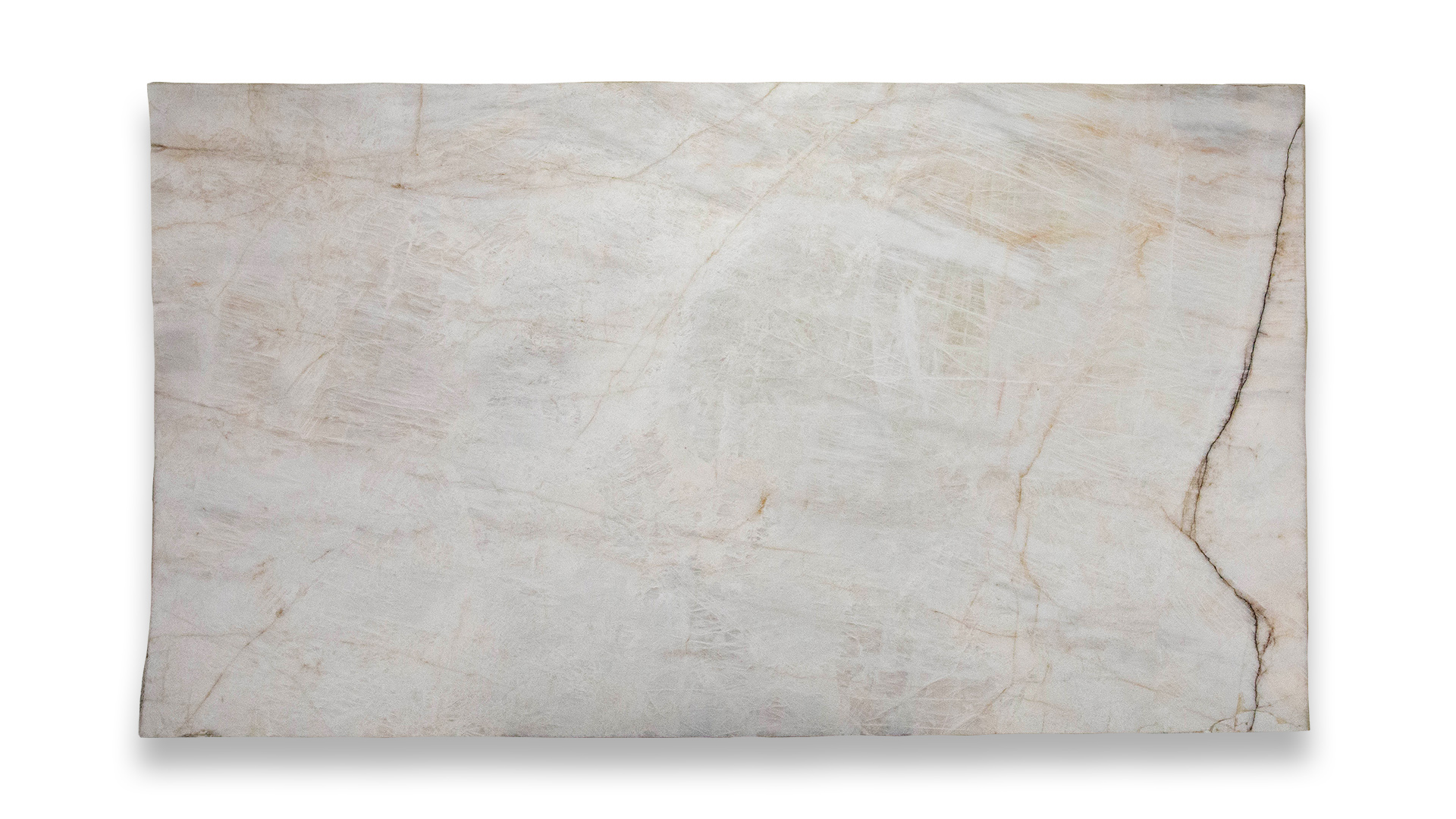 This image displays a Cristallo Extra Polished Quartzite slab featuring a soft white background with light brown veining and subtle, intricate patterns.