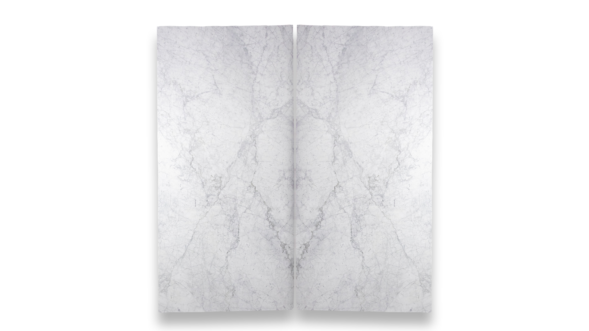 A duo arrangement of Bianco Carrara polished marble slabs, showcasing light gray backgrounds with delicate, symmetrical gray veining patterns.