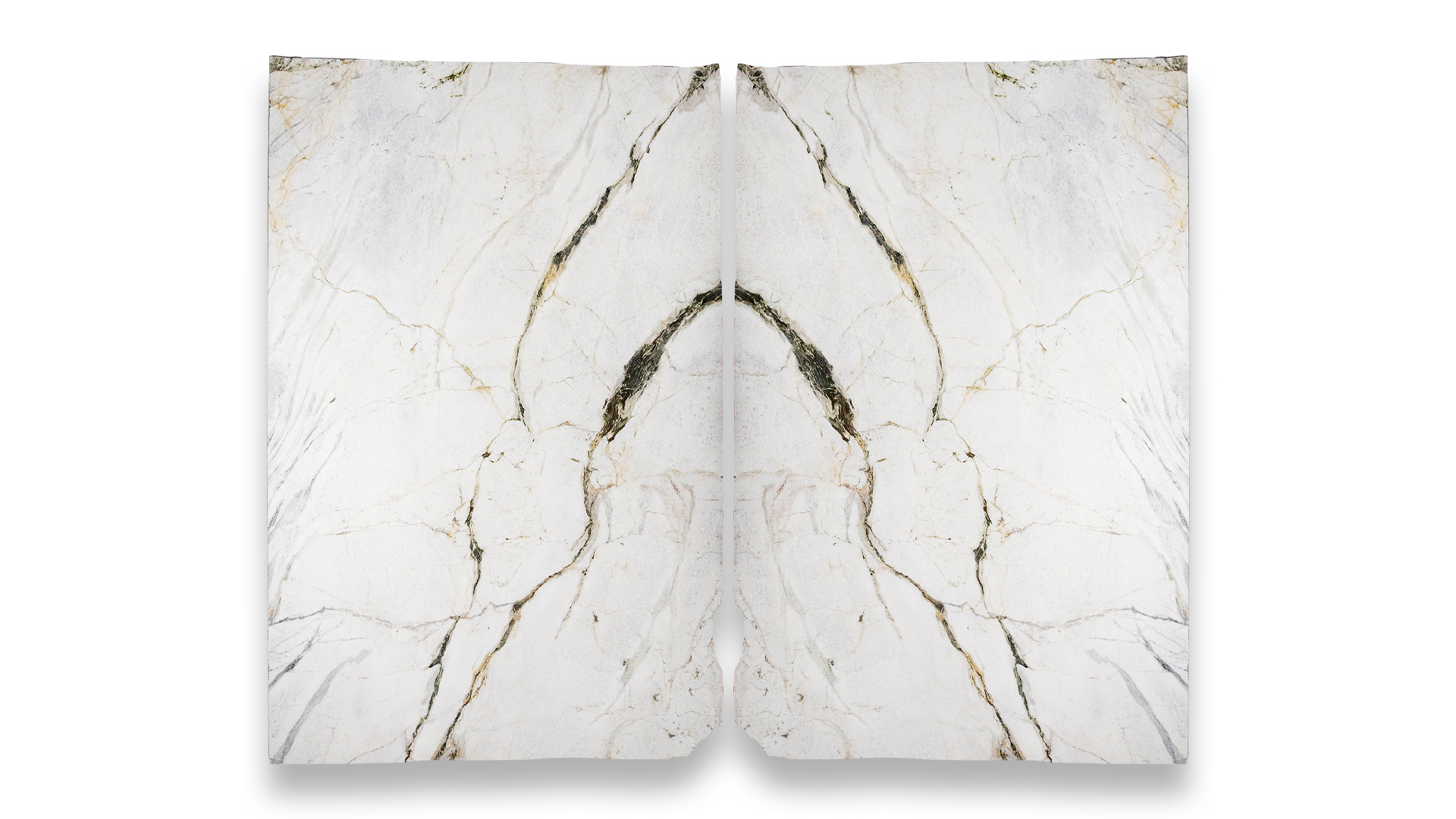 This image shows two Bianco Mervaglia polished marble slabs in a duo layout, featuring white background with subtle grey and gold veins.