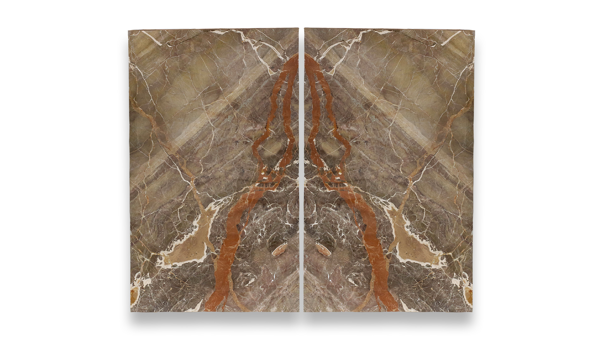 This image features two Breccia Extra Polished marble slabs arranged in a duo layout, displaying rich earthy tones with prominent orange and brown veining patterns.