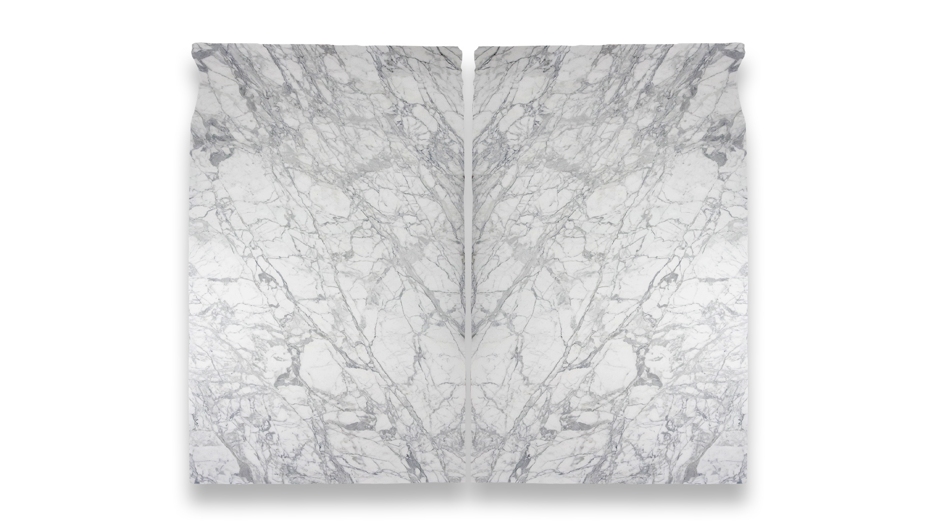 This image features two Calacatta Belgia Honed marble slabs arranged in a duo layout, displaying a light gray base with intricate white and gray veining patterns.