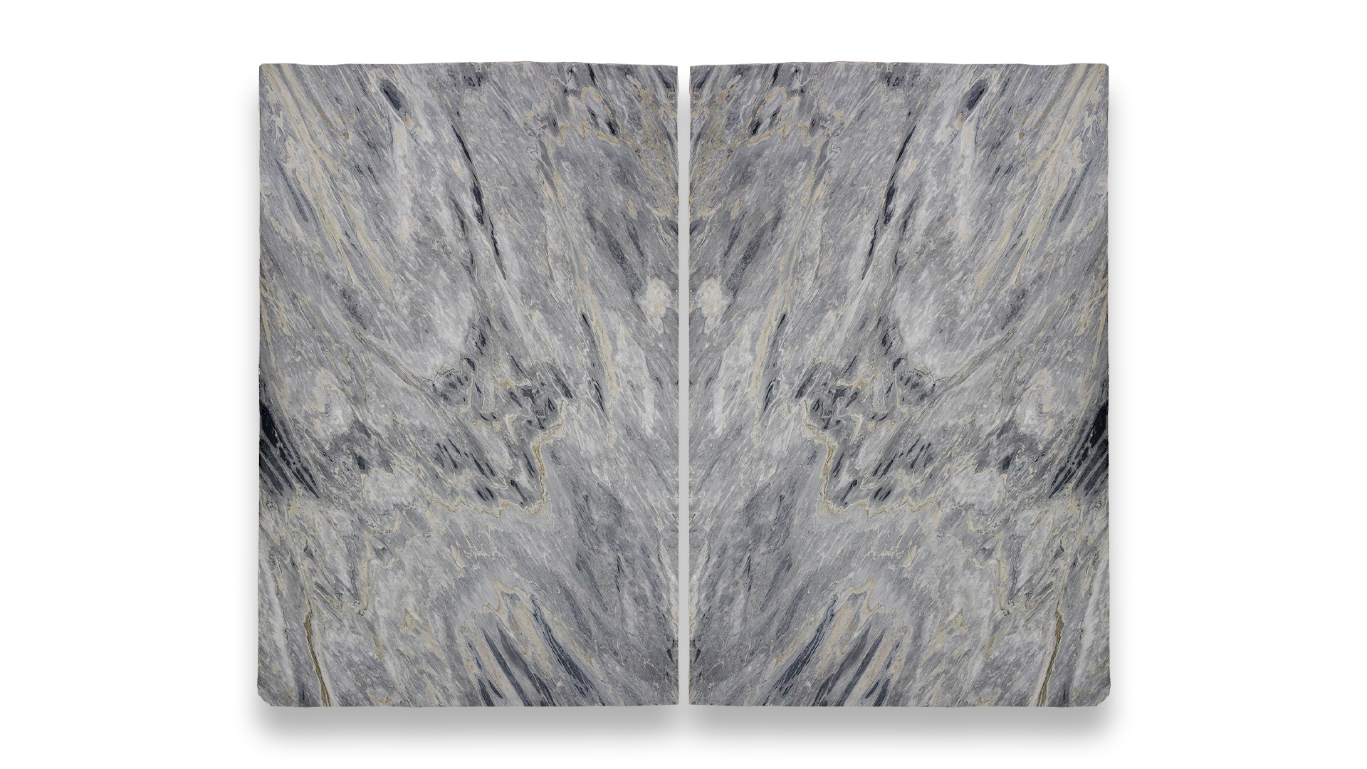 This image displays two Calacatta Bluette Honed marble slabs arranged in a duo layout, featuring a bluish-gray base with intricate veining and patterns.