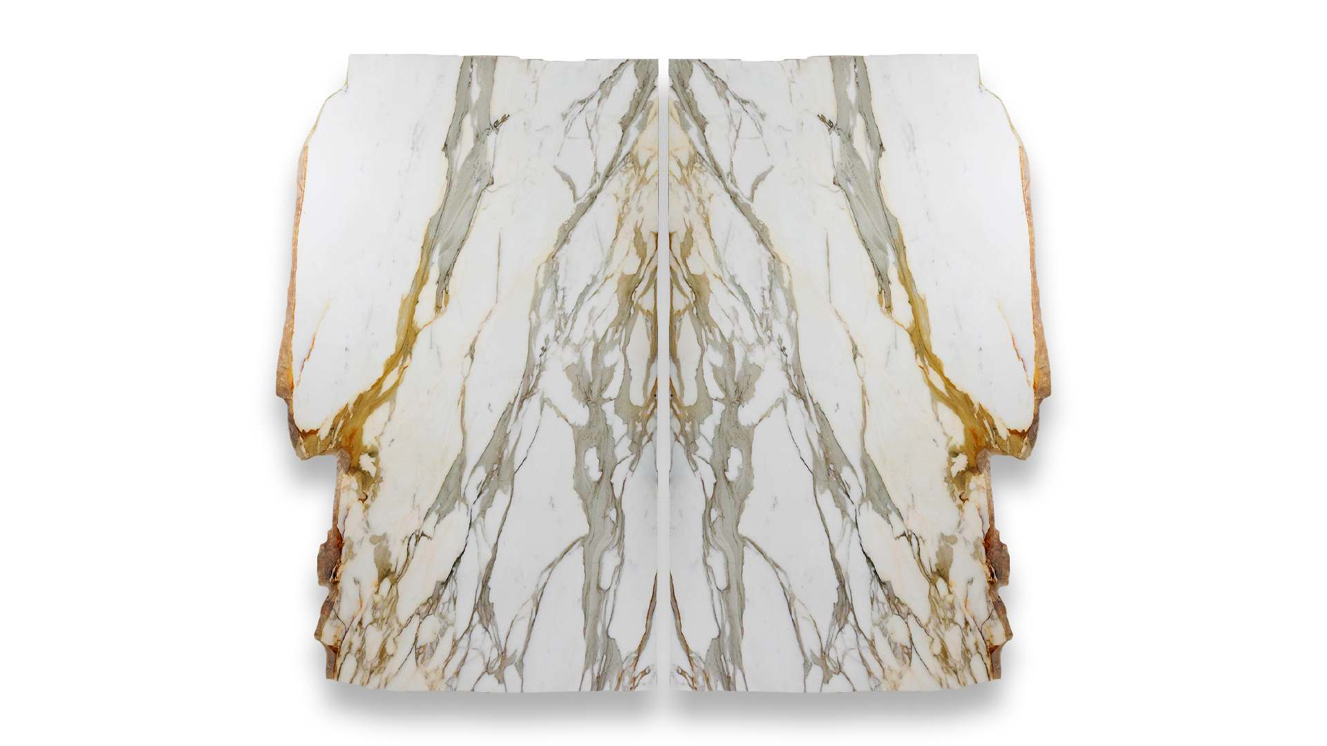 This image shows two Calacatta Borghini Polished marble slabs in a duo layout, with a white background and gold-grey veining, symmetrically mirrored.