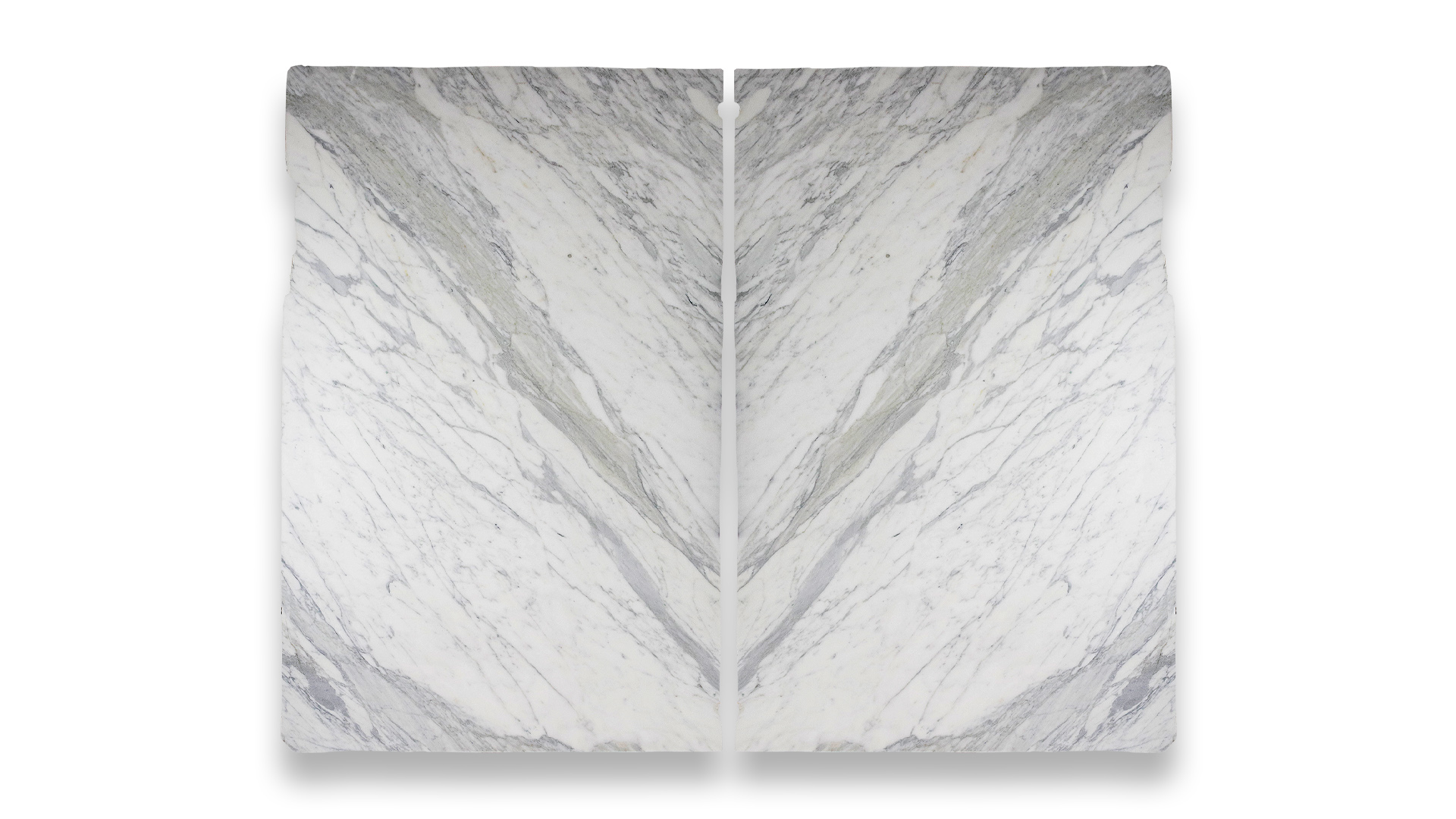 This image shows two Calacatta Carrara Polished marble slabs in a duo layout, with a white background and symmetrical grey veining.