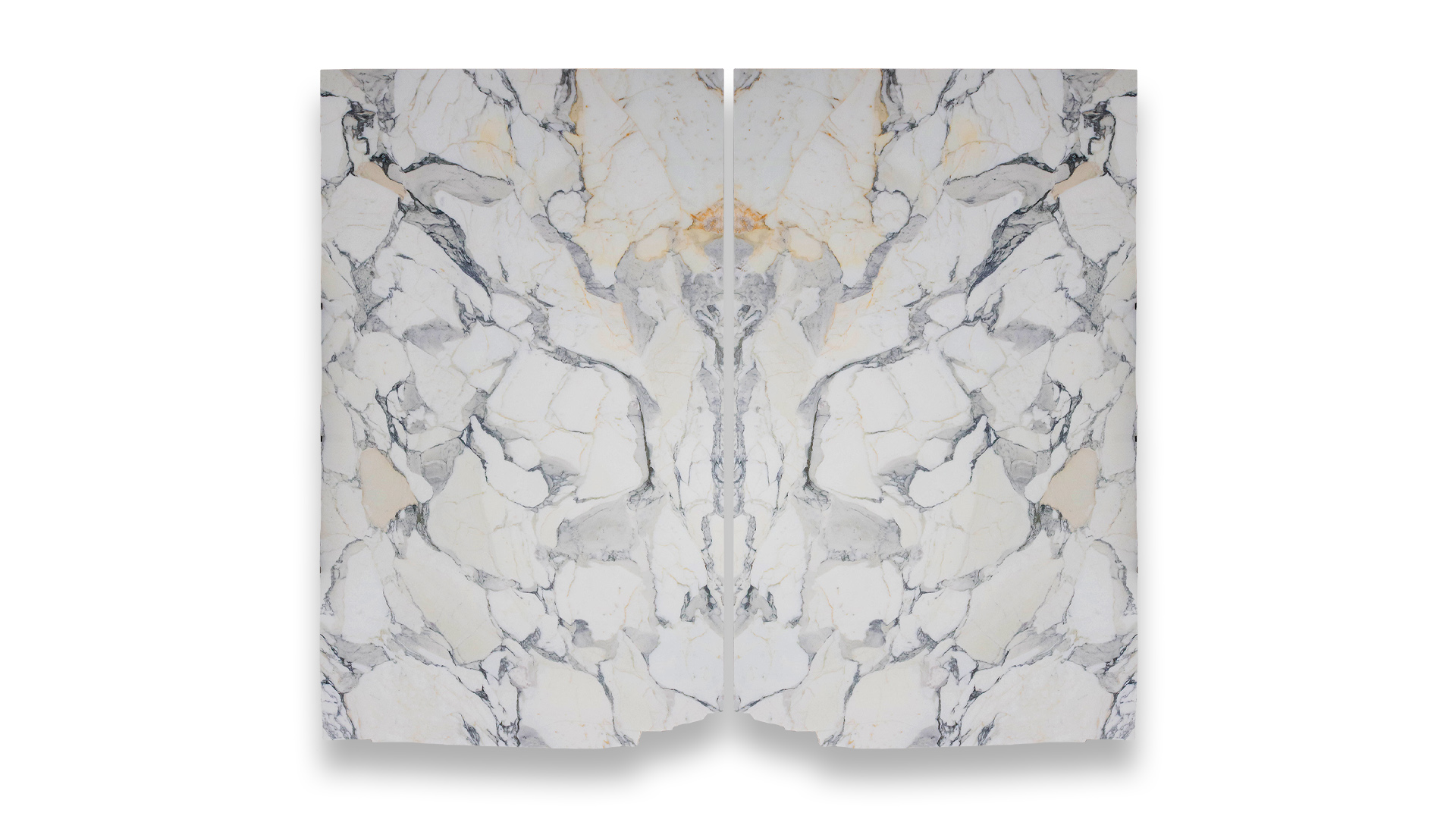 This image displays two polished Calacatta Corchia Extra marble slabs arranged in a duo layout, characterized by a white base with intricate gray and gold veining.