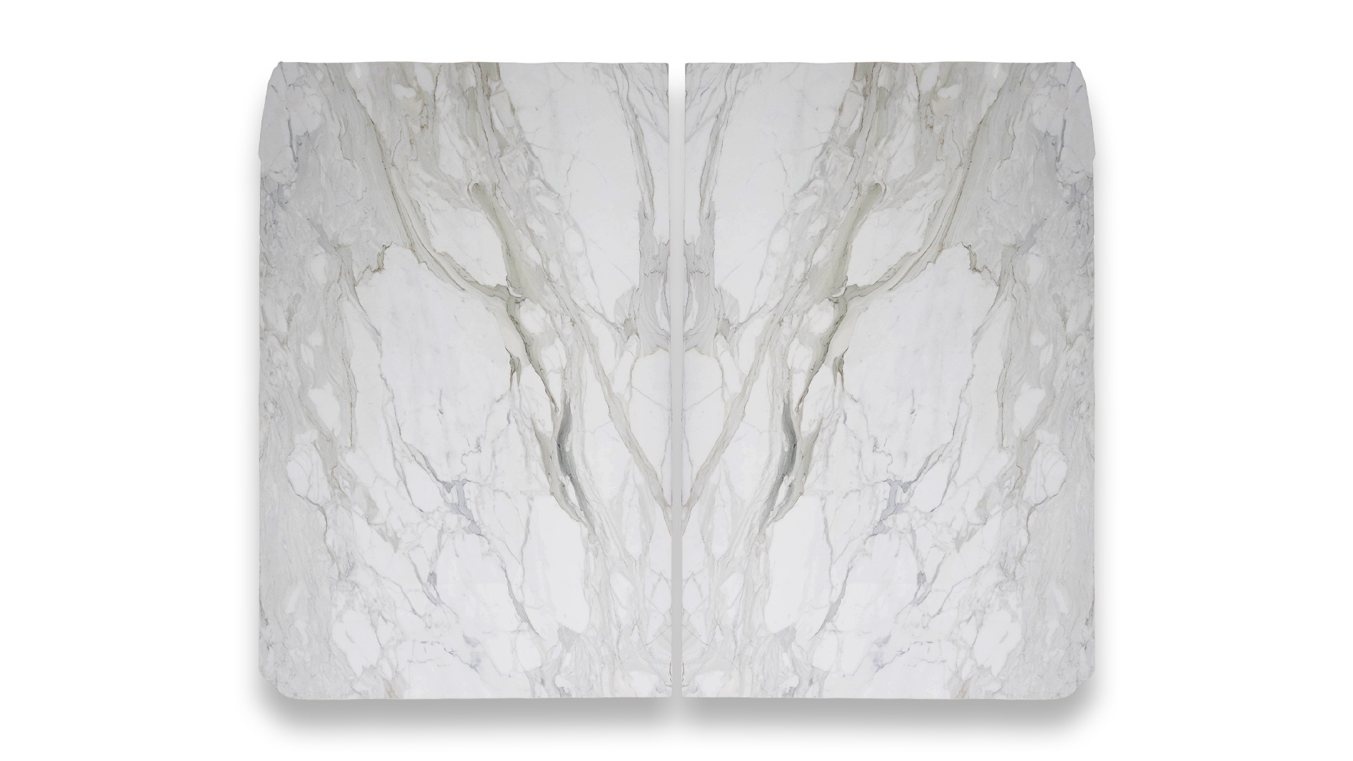 This image shows a duo layout of Calacatta Gold polished marble with a white background and prominent gray and gold veining, mirrored along the center.