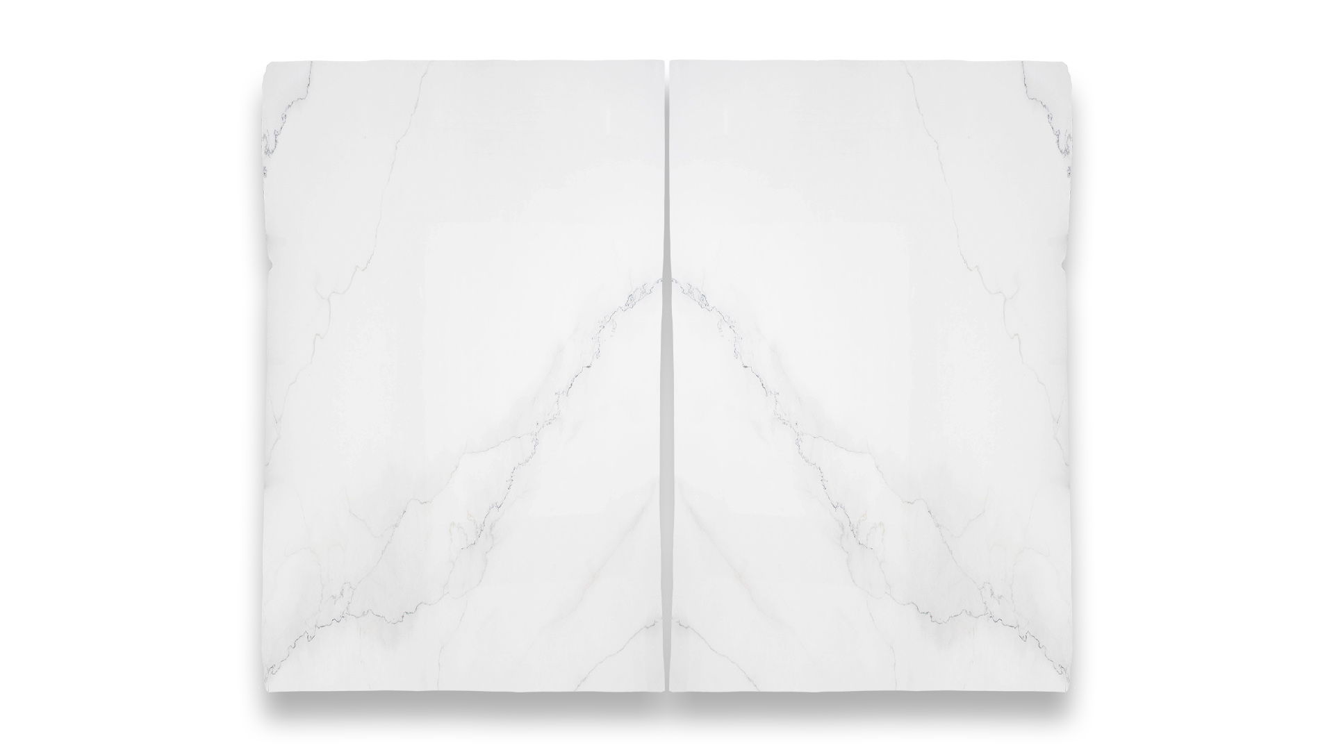 This image depicts a duo layout of Calacatta Lincoln polished marble with a white background and subtle gray veining, mirrored along the center.