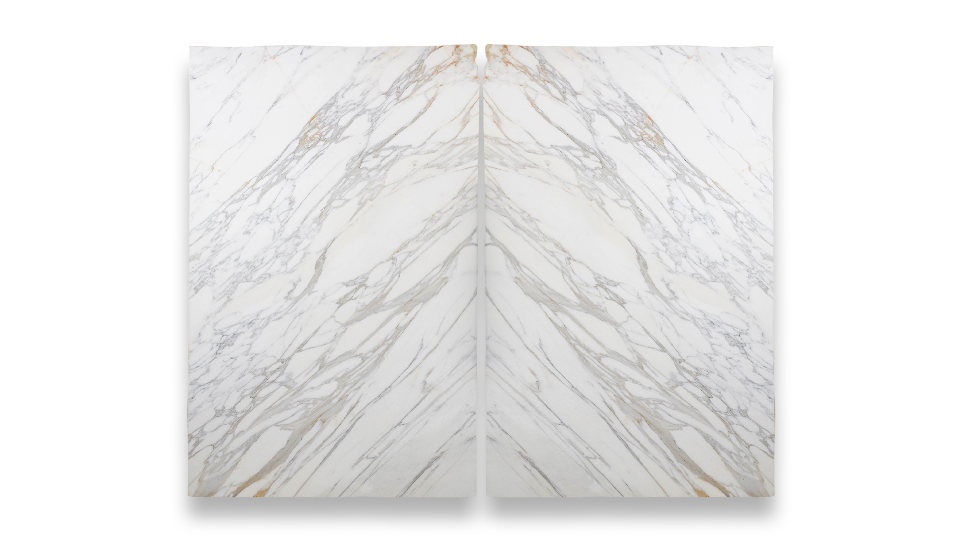 This image shows a duo layout of Calacatta polished marble with a white background and intricate gray and gold veining, mirrored symmetrically.