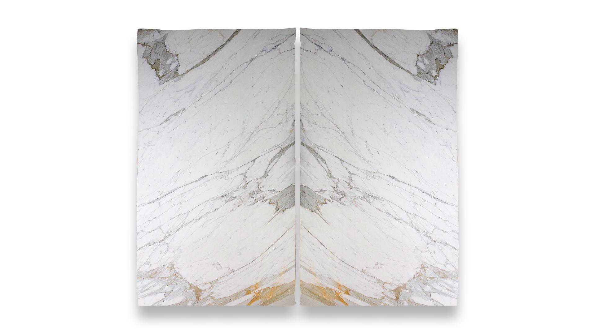 This image shows a duo layout of polished Calacatta Supreme marble, featuring a white background with light gray and gold veining in a mirrored pattern.