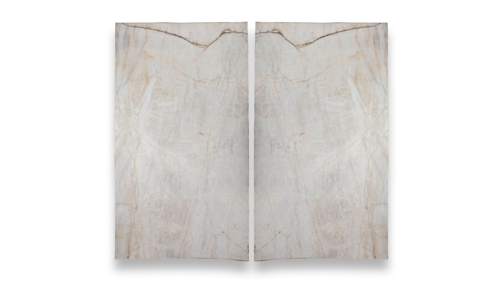 This image shows two Cristallo Extra Polished quartzite slabs in a duo layout, featuring a light surface with subtle beige and gold veining patterns.