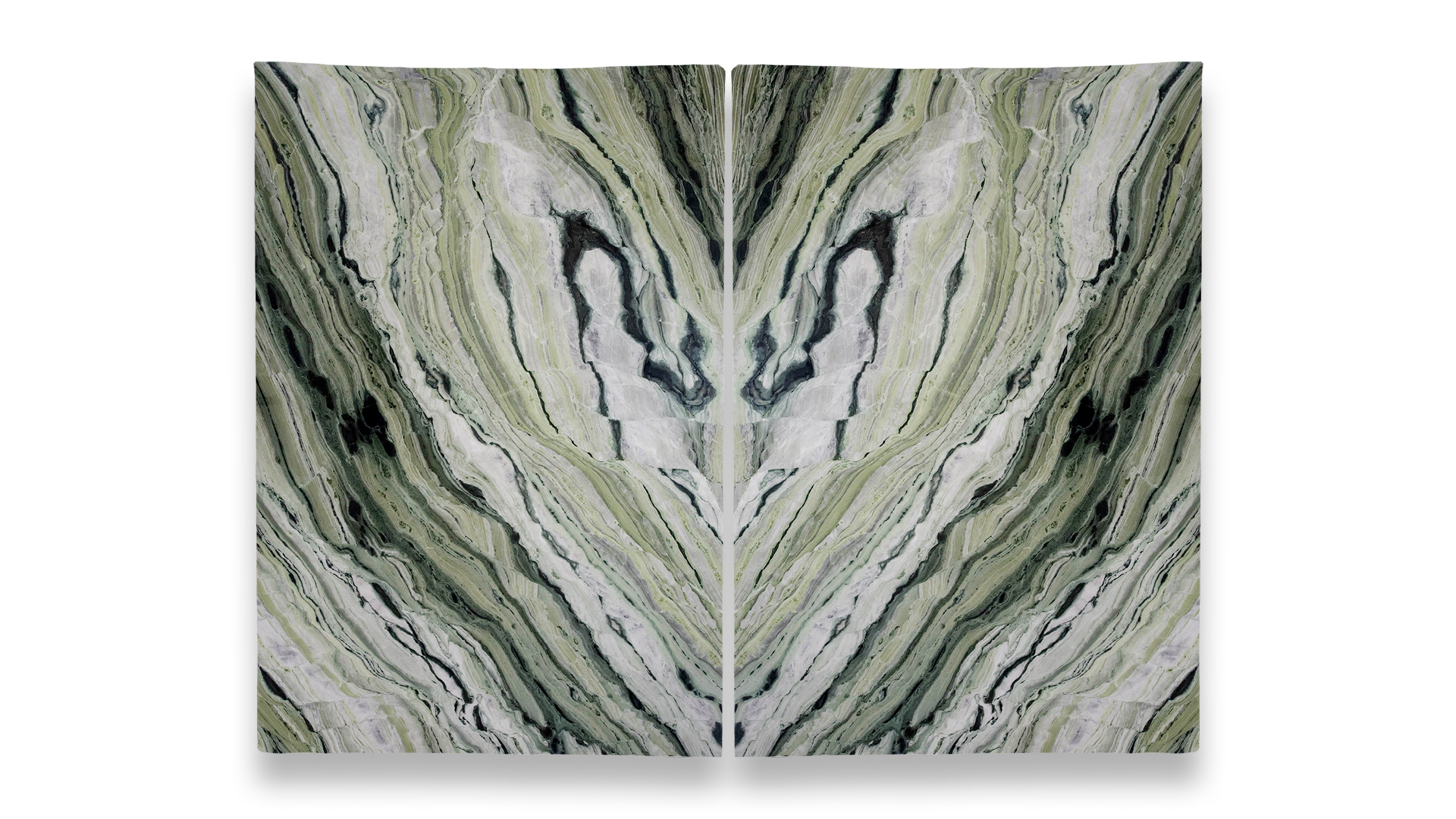 This image displays a symmetrical marble pattern in a duo layout, featuring green and white tones with fluid, wave-like veining throughout.