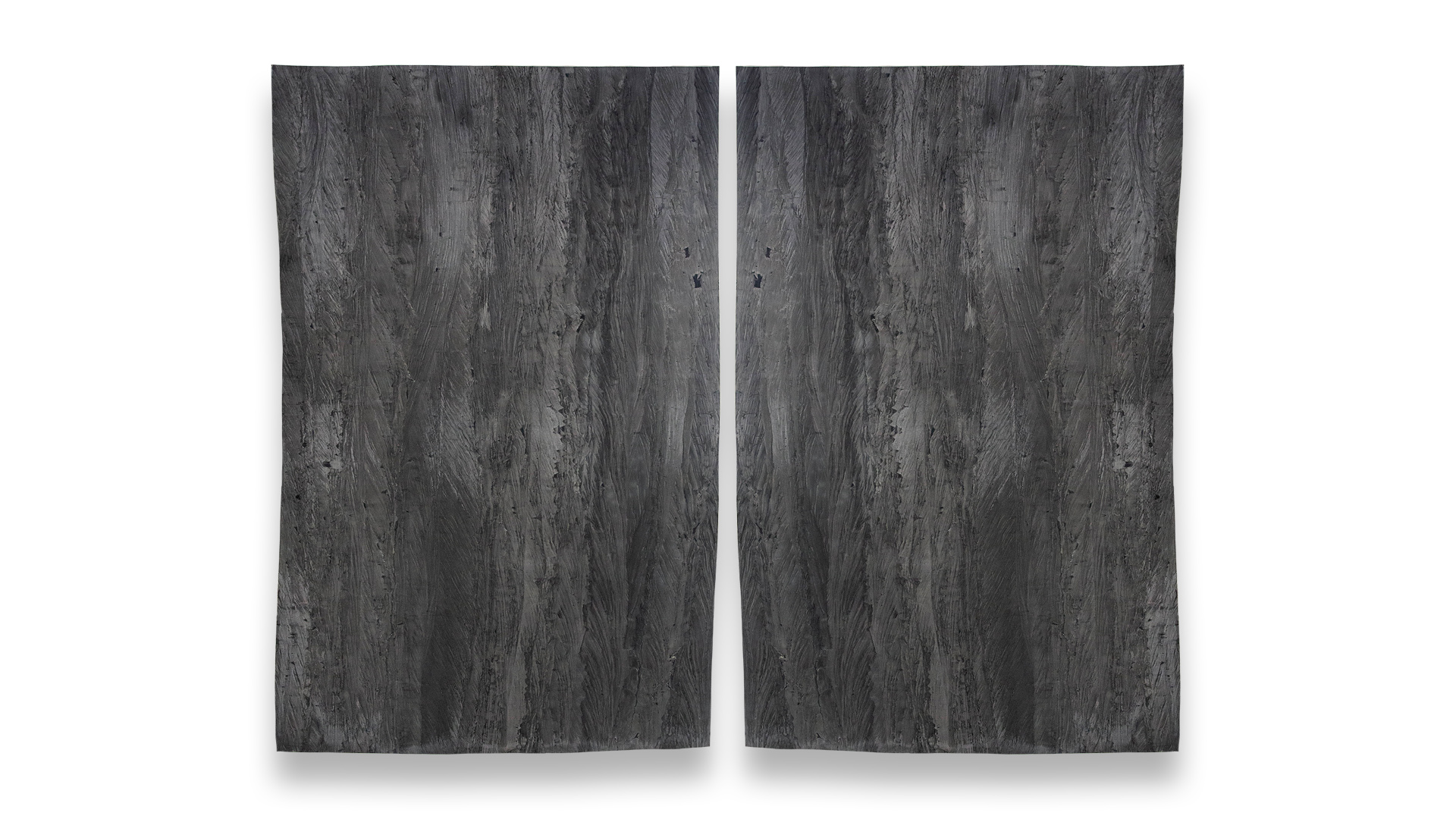 This image shows two slabs of Incognitus Leathered quartzite in a duo layout, featuring a dark gray surface with intricate, wavy textures and subtle variations.