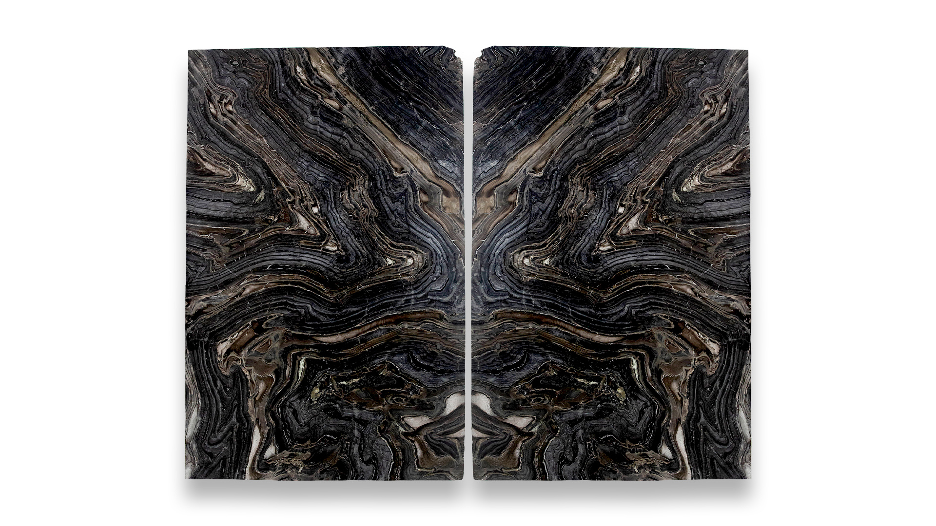 This image displays a symmetrical marble pattern in a dual layout, featuring dark black and brown tones with intricate, swirling veining.