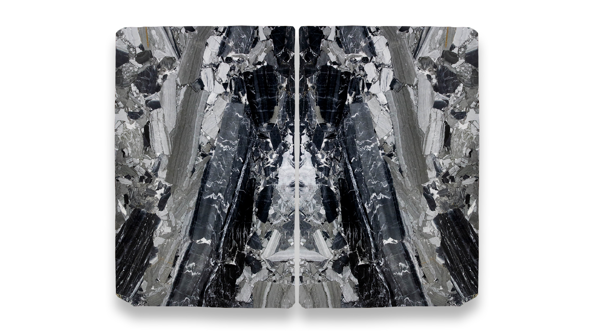 This image displays a symmetrical marble pattern in a dual layout, featuring a mix of dark grey, black, and silver tones with a bold, fragmented texture.