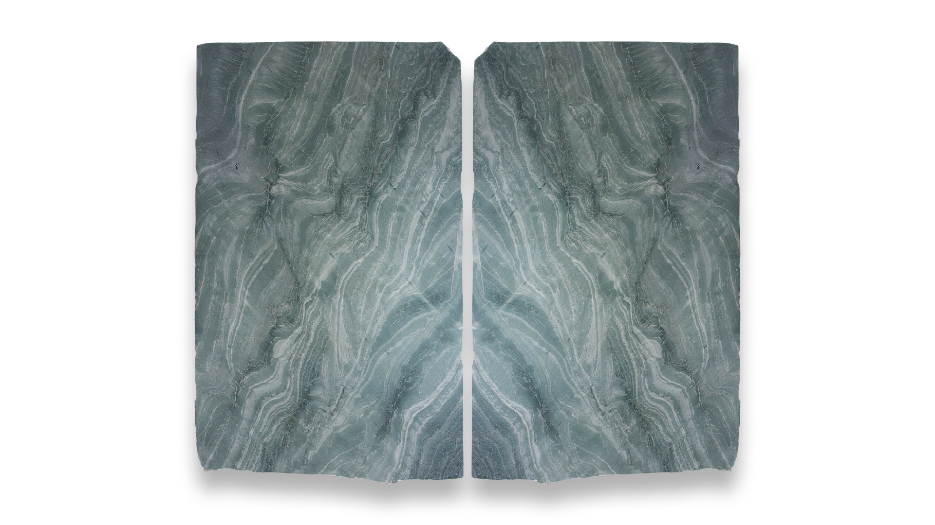 This image shows two slabs of Laguna Bay quartzite in a duo layout, featuring wavy, flowing patterns in shades of blue-green, creating a water-like appearance.