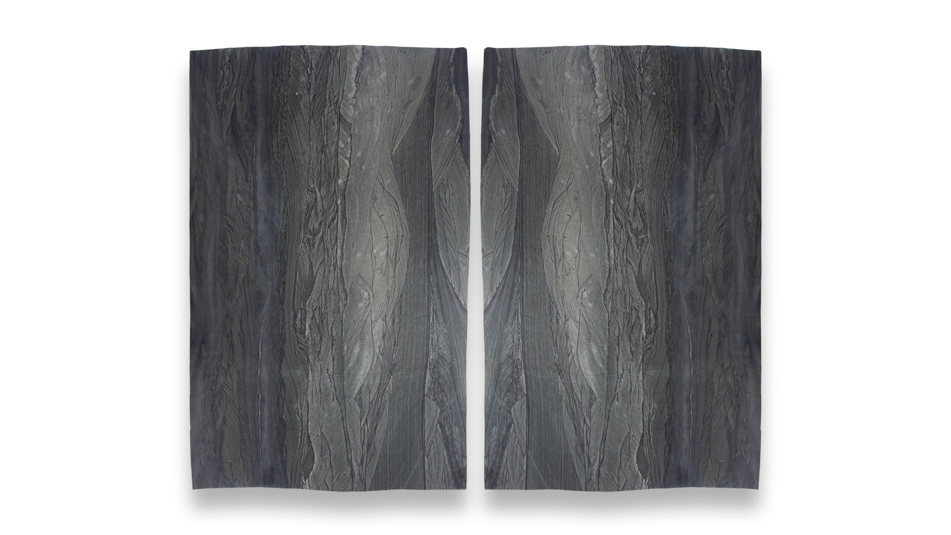 This image shows two Lake Loch Ness leathered quartzite slabs in a duo layout, displaying dark, textured surfaces with prominent vertical striations and intricate veining.