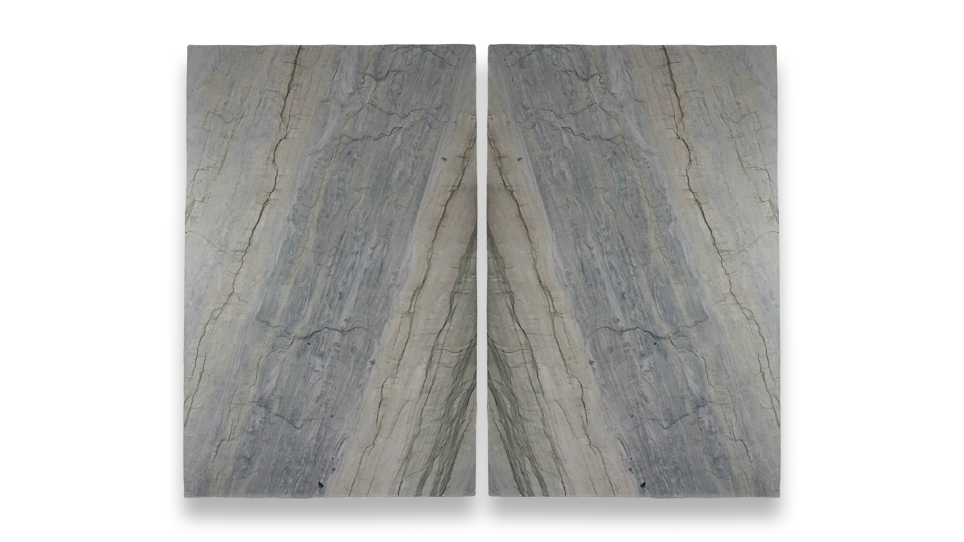 This image shows two Leblon quartzite slabs in a duo layout, featuring a predominantly gray surface with vertical veining and some subtle horizontal streaks.