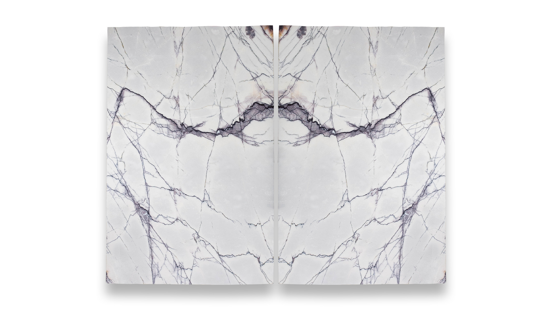 This image displays a symmetrical marble pattern in a dual layout, featuring light grey tones with bold, intricate purple and grey veining.