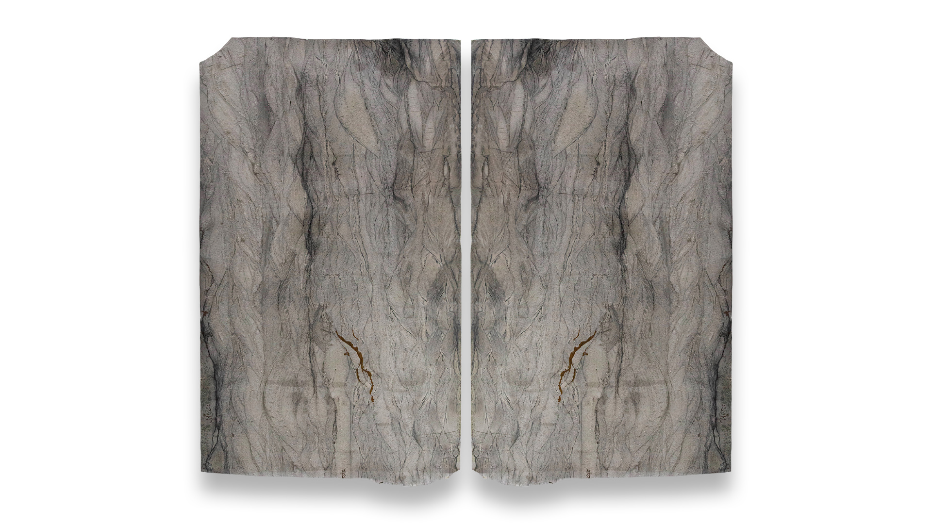 This image shows two London Fog quartzite slabs in a duo layout, featuring a textured gray surface with subtle, wavy veining and hints of brown.