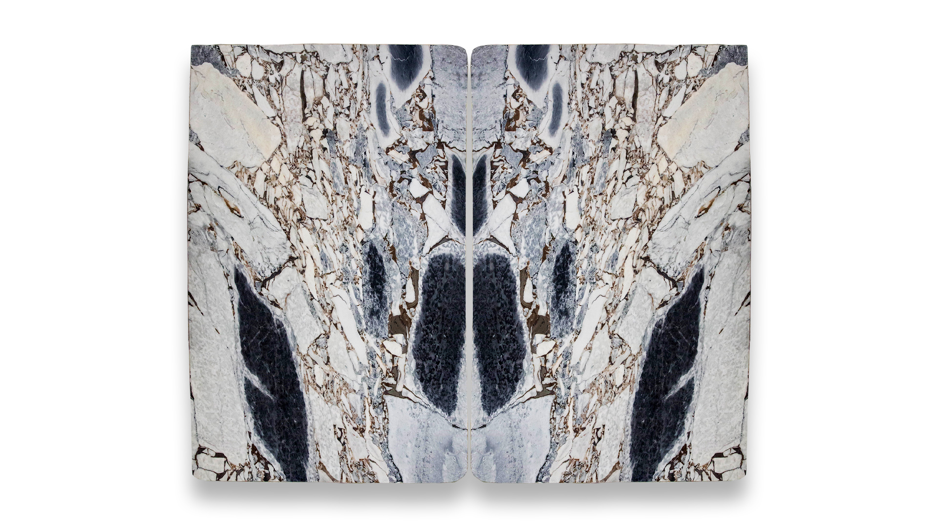 This image displays a symmetrical marble pattern in a dual layout, featuring a mix of white, grey, and black tones with a bold, textured appearance.