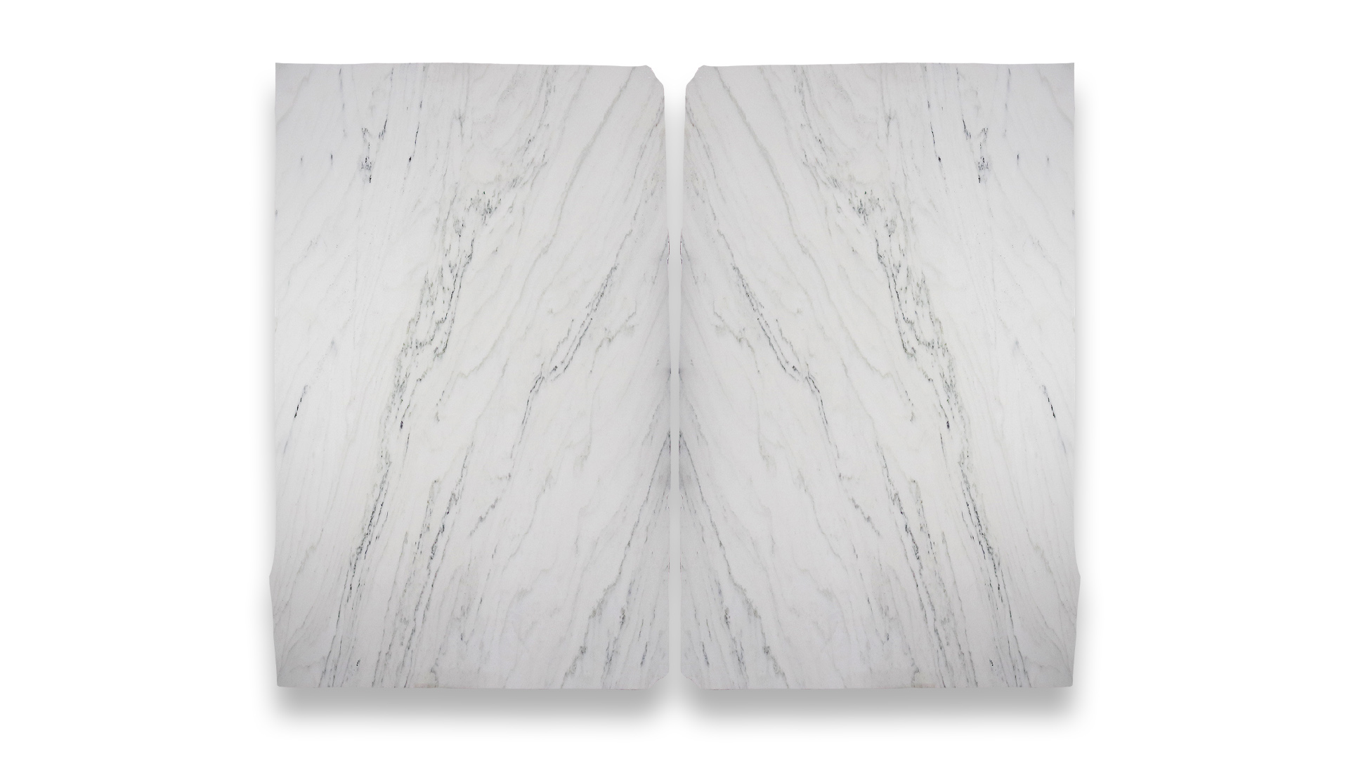 This image displays a symmetrical marble pattern in a dual layout, featuring white tones with fine, dark grey veining and subtle texture.