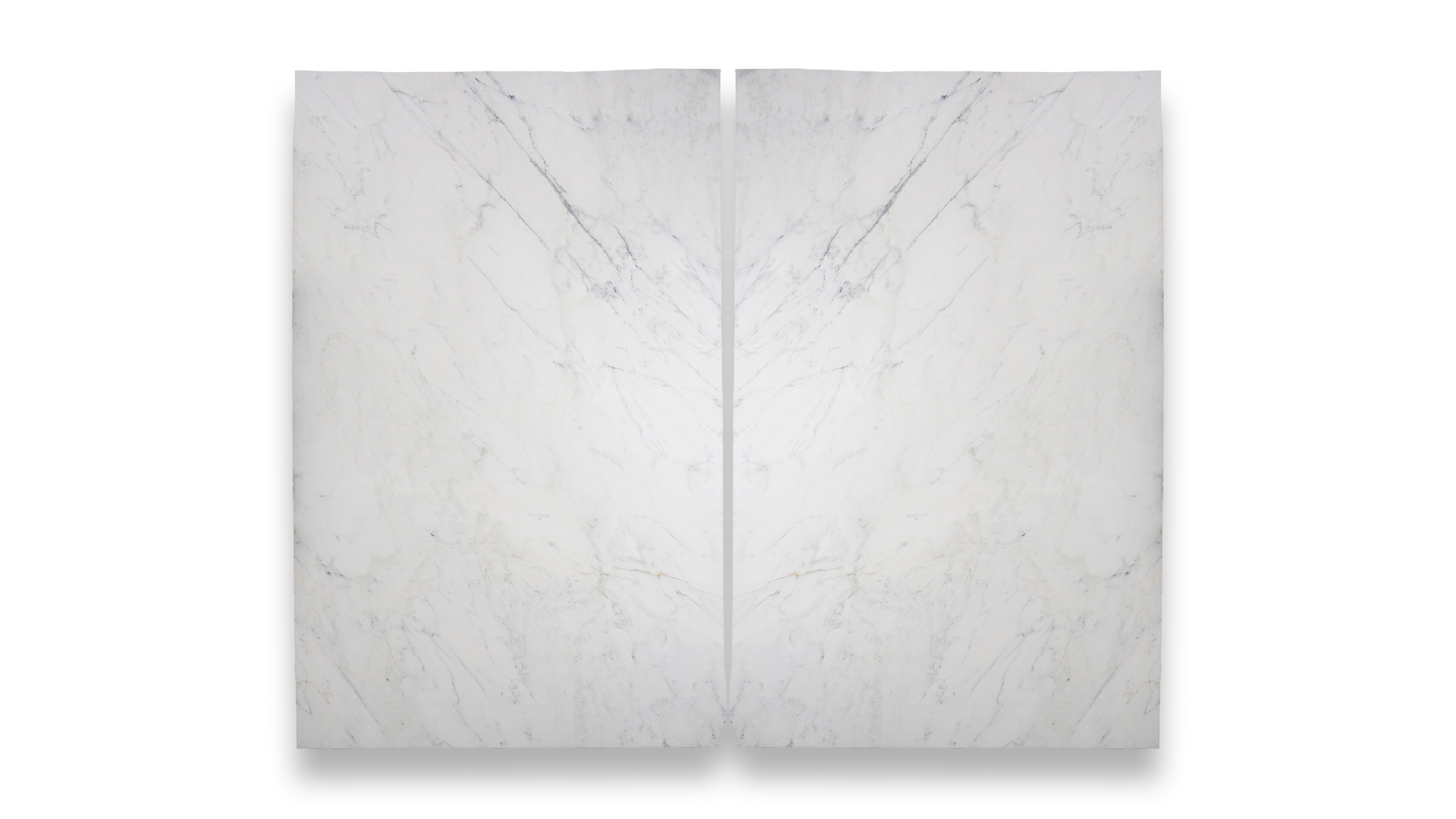 This image displays a symmetrical marble pattern in a dual layout, featuring white tones with subtle, delicate grey veining.