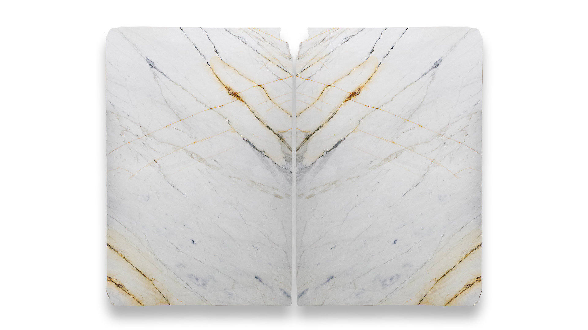 This image displays a symmetrical marble pattern in a dual layout, featuring white tones with bold, golden and grey veining.