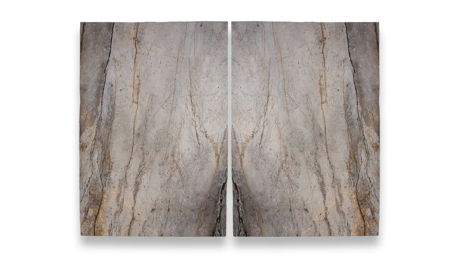 This image displays a symmetrical marble pattern in a dual layout, featuring earthy brown and grey tones with subtle, natural veining.