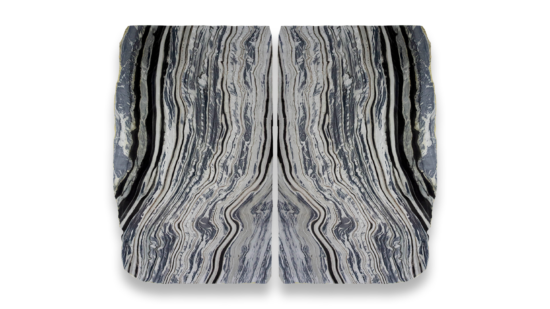 This image displays a symmetrical marble pattern in a dual layout, featuring dark and light grey tones with dramatic, wavy veining.