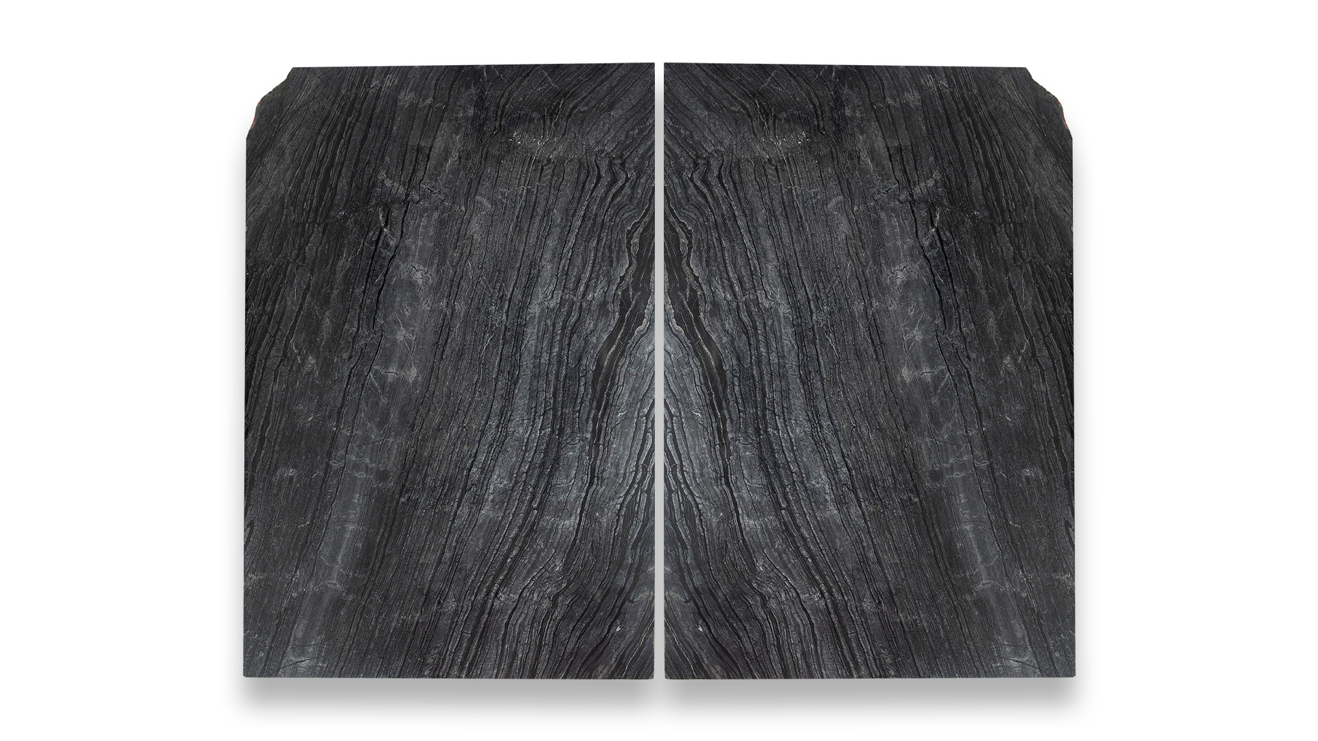 This image displays a symmetrical marble pattern in a dual layout, featuring dark grey tones with subtle, wave-like veining.