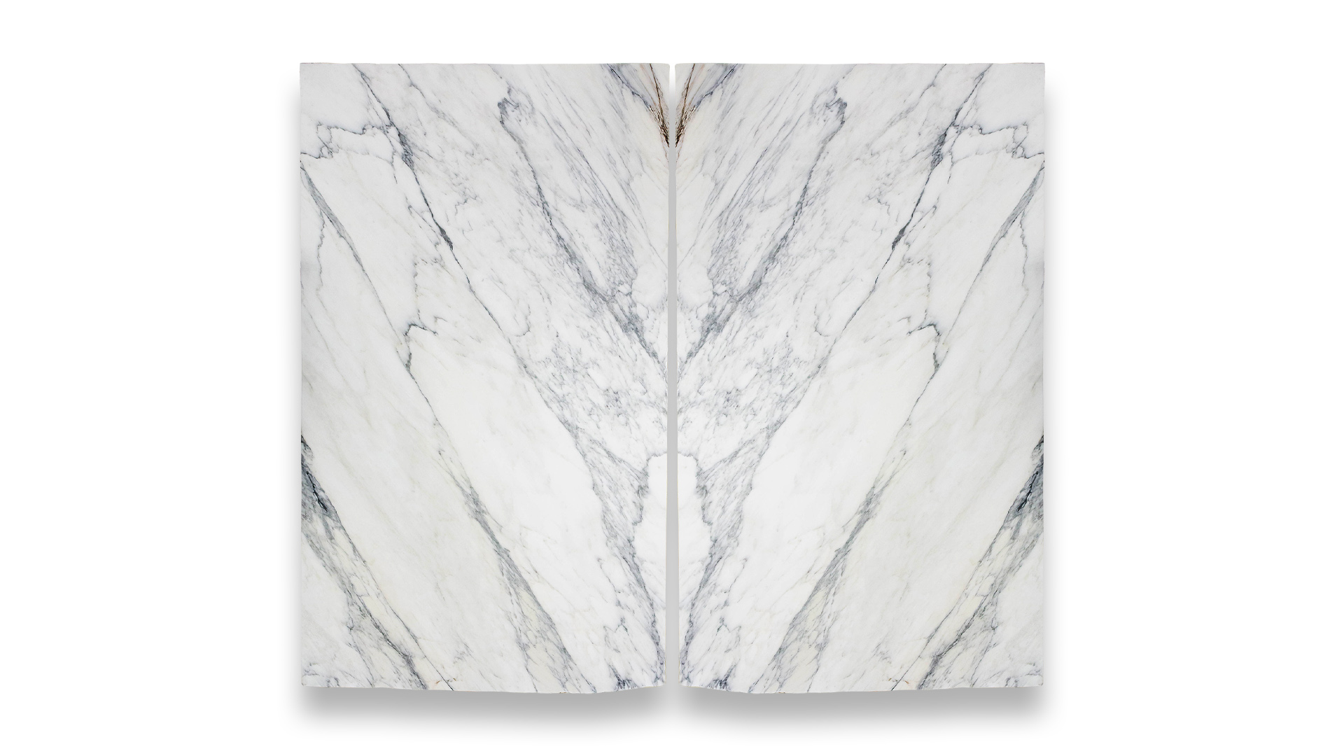 This image displays a symmetrical marble pattern in a dual layout, featuring white and light grey tones with fine, intricate veining.