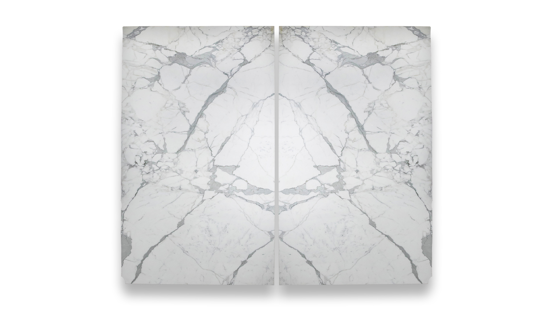 This image displays a symmetrical marble pattern in a dual layout, featuring white and light grey tones with bold, intricate veining.