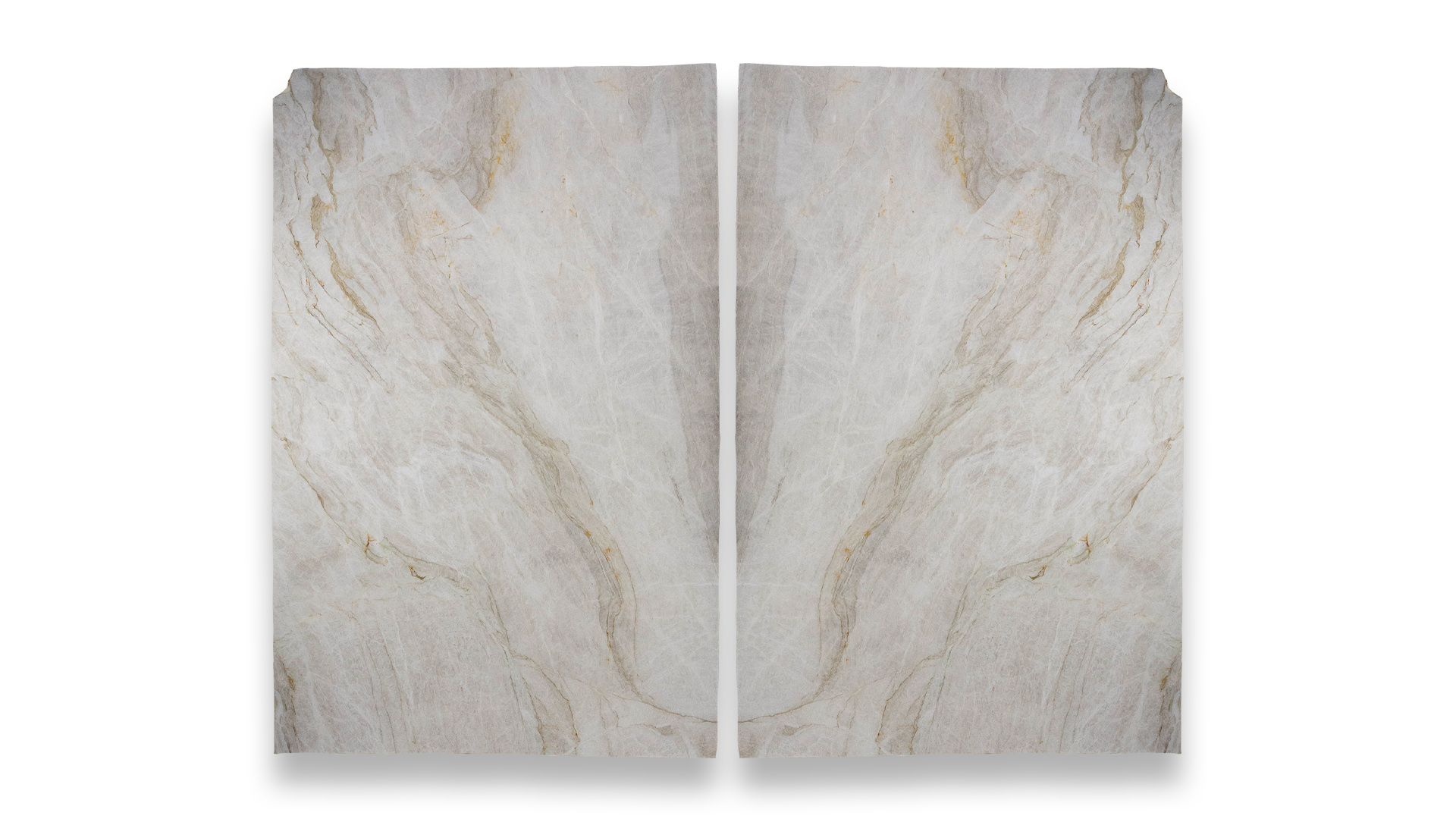 This image shows two Taj Mahal polished quartzite slabs in a duo layout, featuring a beige background with subtle brown and white veining.