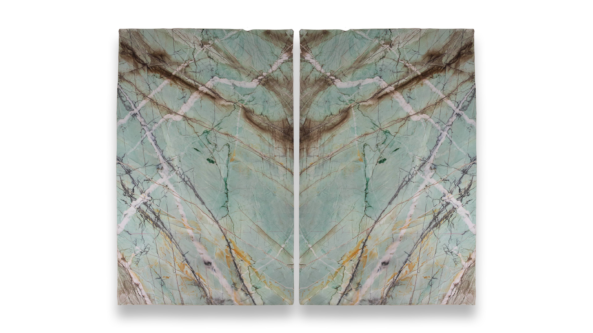 This image shows two Tiffany green quartzite slabs in a duo layout, featuring a green background with intricate brown and white veining.