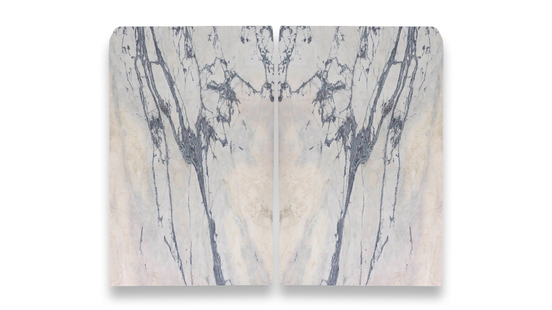 This image displays a symmetrical marble pattern in a dual layout, featuring light beige and grey tones with bold, intricate veining.