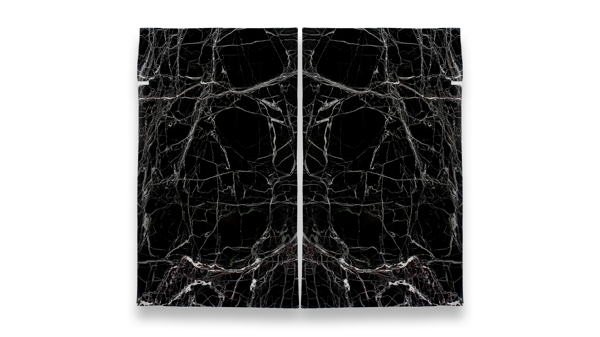 The image shows two vertically aligned black marble slabs with intricate white veining patterns creating a symmetrical, mirrored effect.